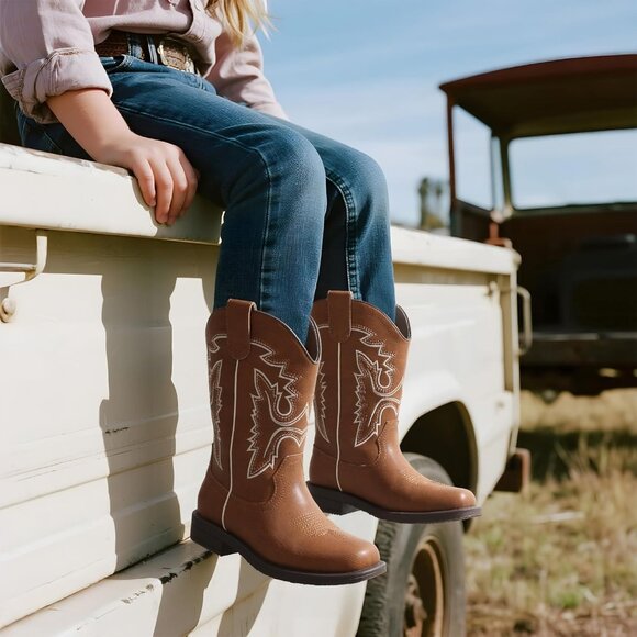 ⚡Girls Brown Cowboy Boots Toddler Mid Calf Western Square Toe Riding Boot - Picture 6 of 6